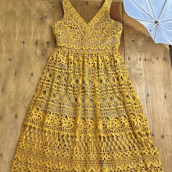Altar'd State Golden Crocheted Dress Yellow Goldenrod M - Picture 3 of 8